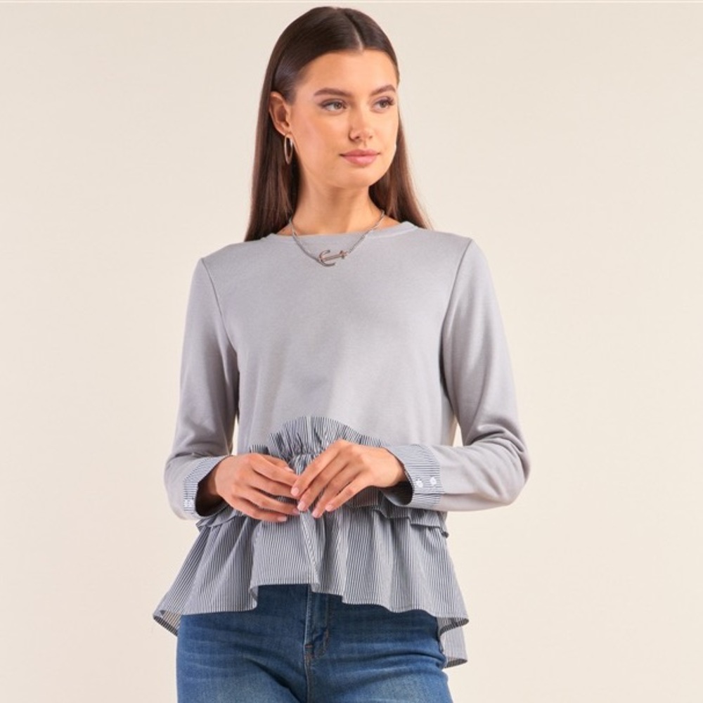 Sugar + lips Grey Ruffle hemmed pinstriped long sleeved business casual top
